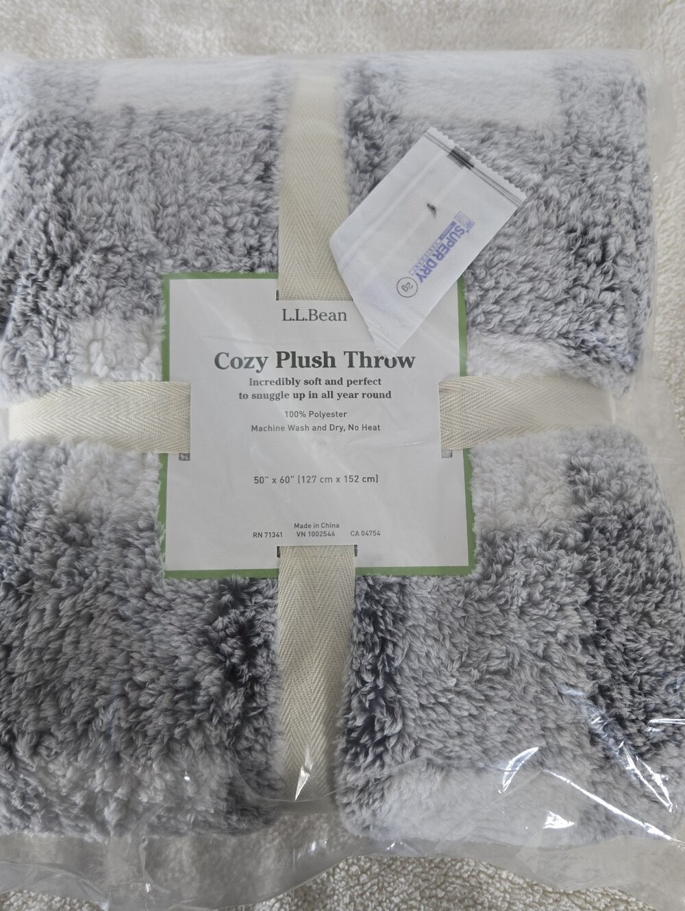 L.L. Bean Plush Throw Blanket - Light Gray & White